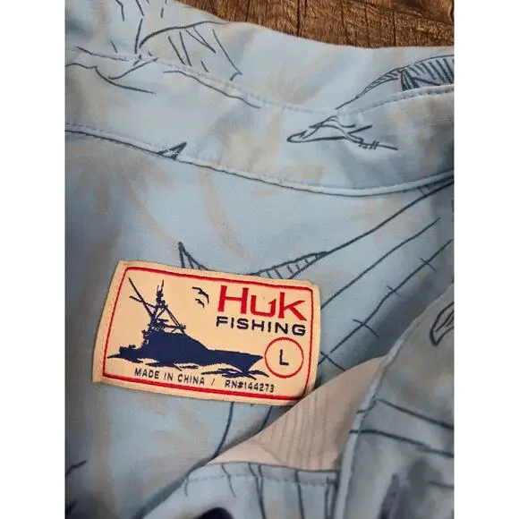 HUK Fishing Kona Blue Short Sleeve Button Front Men's Shirt Size Large - Picture 4 of 6